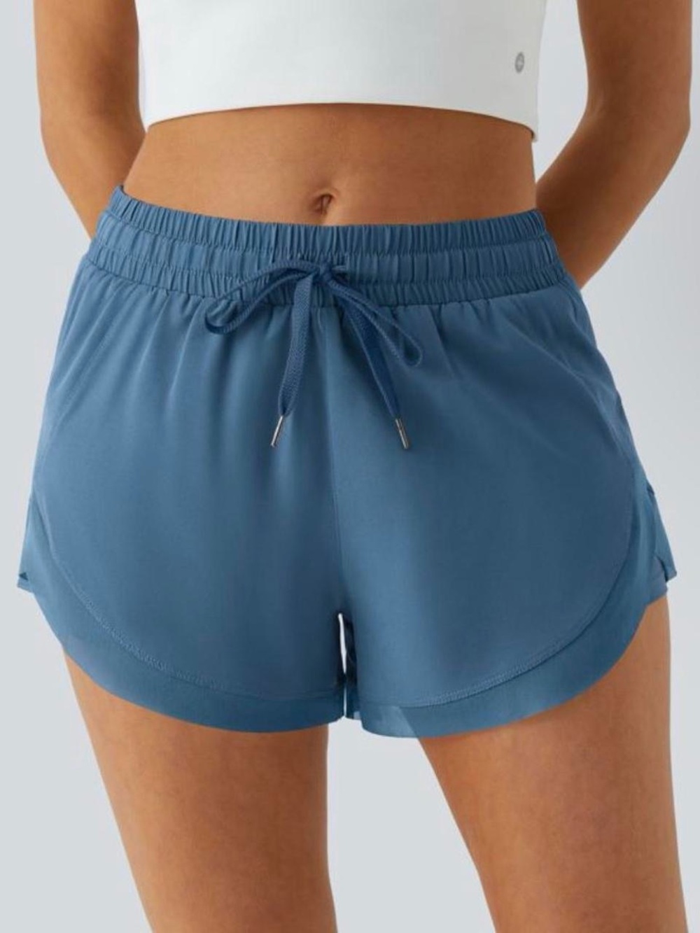 Halara Blue Mid Rise Drawstring Contrast Mesh 2-in-1 Flowy Running Shorts 3''